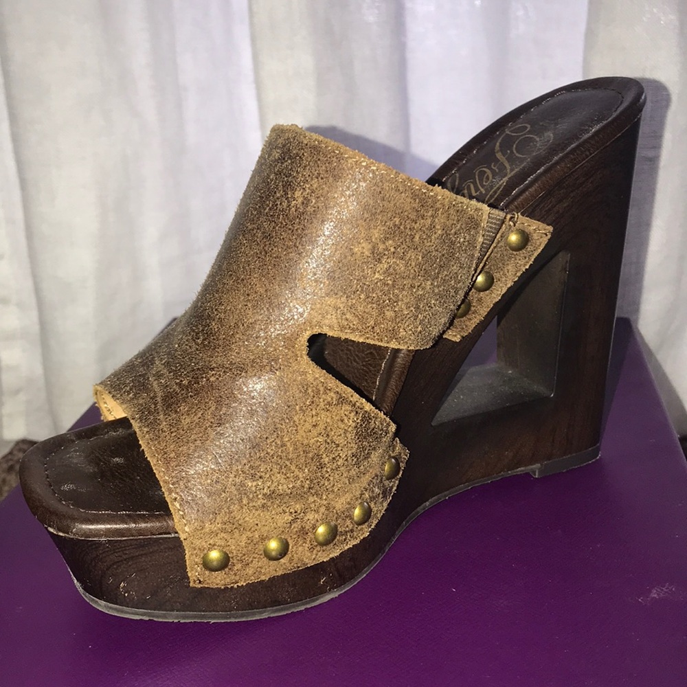 Fergie brown leather slip on wedges